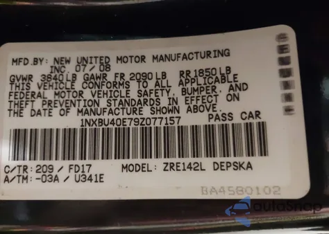 2009 Toyota Corolla S z USA, uszkodzony, nr VIN 1NXBU40E79Z077157